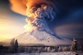 Powerful volcanic eruption in snowy mountains. Generated by artificial intelligence