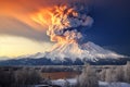 Powerful volcanic eruption in snowy mountains. Generated by artificial intelligence