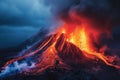 A powerful volcano erupts molten lava forcefully into the air, creating a dramatic and intense display of natural forces, A fiery Royalty Free Stock Photo