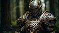 Powerful warrior in full armor pictured in a forest setting. AI-generated. Royalty Free Stock Photo