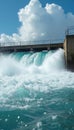 Powerful water stream flows from dam spillway. White water against clear blue sky. Dam construction with control system and water Royalty Free Stock Photo
