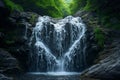 A powerful waterfall cascades down a rocky cliff, surrounded by lush green trees in the middle of a dense forest, A heart made of Royalty Free Stock Photo