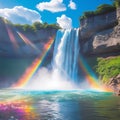 Majestic Waterfall with Double Rainbow and Lush Green Cliffs cascade Royalty Free Stock Photo