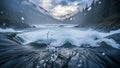 Powerful Waterfall in a Mountainous Landscape with Rain and Spray river rapids Royalty Free Stock Photo