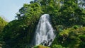 Powerful waterfall rushing jungles drone view. Amazing vivid nature scenery.