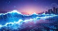 Digital Ocean Waves Surging Towards Futuristic Cityscape at Sunset Royalty Free Stock Photo