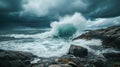 Powerful wave crashes against rocky shore under stormy skies, nature\'s fierce display, Ai Generated