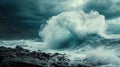 Powerful wave crashes against rocky shore under stormy skies, nature\'s fierce display, Ai Generated