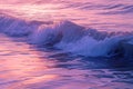 A powerful wave crashes against the sandy shore as the sun sets in the background, creating a dynamic and captivating scene,