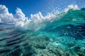 A powerful wave crashes forcefully over the ocean, creating a dramatic display of water and energy, Stunning view of ocean waves