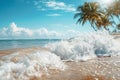 Powerful wave crashing onto a sandy beach with tall palm trees providing a stunning backdrop, Ocean waves on a blissful sunny day Royalty Free Stock Photo