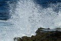 Powerful wave crashing on a rock in the ocean