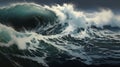 a powerful wave cresting with spray in the open sea Royalty Free Stock Photo