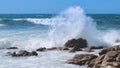 Powerful wave splashing against rocks on the Atlantic coast of Portugal in summer