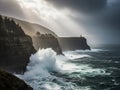 Dramatic Stormy Seas Crashing Against Rugged Coastal Cliffs with Lighthouse ocean waves Royalty Free Stock Photo