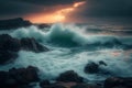 Powerful waves crash against the rugged coastline during a serene dusk