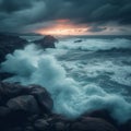 Powerful waves crash against the rugged coastline during a serene dusk