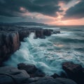 Powerful waves crash against the rugged coastline during a serene dusk