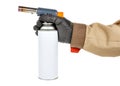 Powerful welding gas torch in man hand in black protective glove and brown uniform isolated on white background Royalty Free Stock Photo