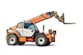 Powerful wheel forklift with telescopic mast on a white isolated background. Construction equipment for lifting and moving loads.