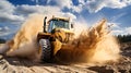 Powerful wheel loader or bulldozer. Loader pours crushed stone or gravel from the bucket. Royalty Free Stock Photo