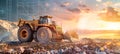 A powerful wheel loader operates in a quarry during a stunning sunset, with an overlay of digital data visualizations showcasing