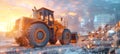 A powerful wheel loader works in a quarry at sunset, its activity visualized with futuristic data overlay graphics