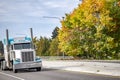 Classic bonnet white and blue big rig semi truck tractor transporting cargo on flat bed semi trailer running on the autumn road Royalty Free Stock Photo