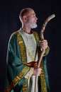 powerful wizard holds a wooden magic staff Royalty Free Stock Photo