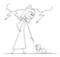 Woman Oppressing Another Woman Using His Power, Vector Cartoon Stick Figure Illustration Royalty Free Stock Photo