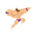 Powerful wrestler character in flying jump kick, professional fighter of recreational sports show vector Illustration on