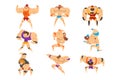 Powerful wrestling fighter characters set, professional wrestler of recreational sports show vector Illustrations on a