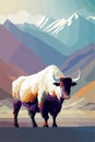 Powerful yak standing near green bushes on an alpine meadow. Vector illustration