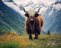 Powerful yak standing near green bushes.