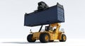 Yellow Container Handler Lifting a Shipping Container Isolated on White Royalty Free Stock Photo