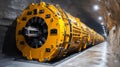 A powerful yellow tunnel boring machine stands ready in an underground tunnel, showcasing modern engineering and construction Royalty Free Stock Photo