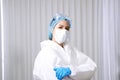 Powerful young Asian Scientific experimenter Woman in Personal Protective Equipment or PPE clothing and Healing for patient