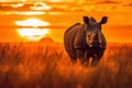 Powerfull African rhino in the savanna at sunset. Amazing African Wildlife. Generative Ai Royalty Free Stock Photo