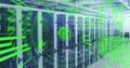 Powering central rack-mounted servers humming inside data center, with neon green overlays Royalty Free Stock Photo