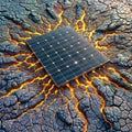 Powering the Future: Solar Panel Stands Strong on Cracked Earth, generative ai Royalty Free Stock Photo