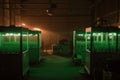 Powering massive LED arrays that illuminate the interior of a greenhouse at night. Crop technicians in hazmat suits tend to the Royalty Free Stock Photo