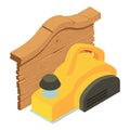 Powertool icon isometric vector. Yellow power electro planer and wooden board Royalty Free Stock Photo