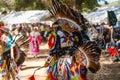 Powwow. Native Americans dressed in full regalia. Details of regalia close up.