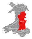 Powys red highlighted in map of Wales