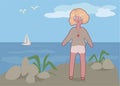 Pozitive fun vector cartoon doodle blond girl stand on the grey rock on the sea background Royalty Free Stock Photo