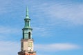 Poznan, Poland, August 20, 2021: Building tower against the blue sky in the old part of Poznan. Royalty Free Stock Photo