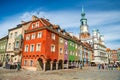 Poznan, Poland - August 09, 2021. Tiny colored houses - main dominant of main square - in Summer