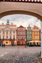 Poznan, Poland 2018-09-22, Beautiful Poznan colorful old city, colorful houses, monumental, historic building and fountain, old ma