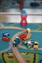 Wooden train toys on a floor