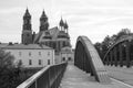 Poznan, Poland - July 1, 2016: Black and white photo, View on bridge and cathedral church in polish town Poznan Royalty Free Stock Photo
